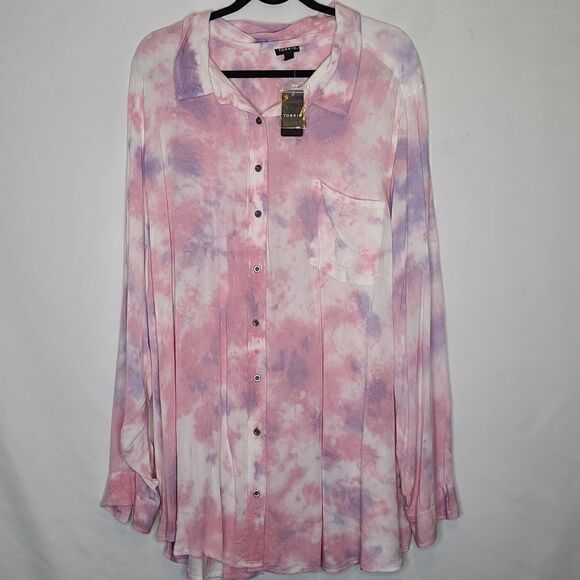 5X 28W Torrid Pink Tiedye Twill Button Up Blouse Back Box Pleat Button Cuff - Picture 2 of 9